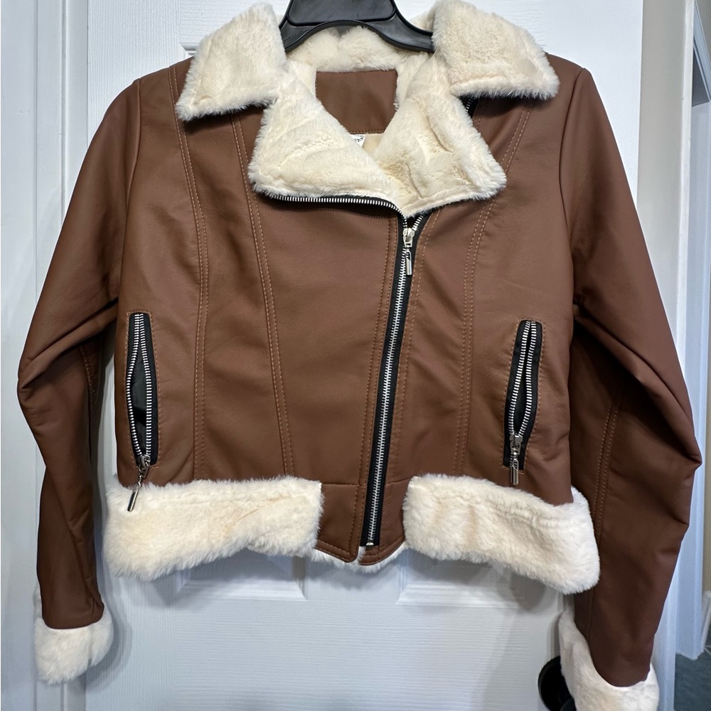 Brown Faux Leather Jacket with Cream Fur Trim